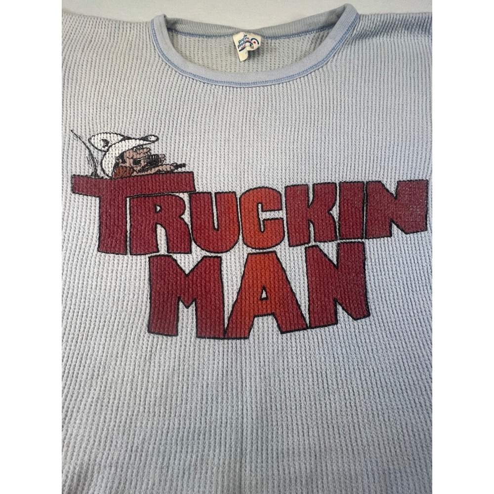 Vintage 70s Truckin Man Waffle Knit Thermal Shirt Profile Prints Blue Large 100%